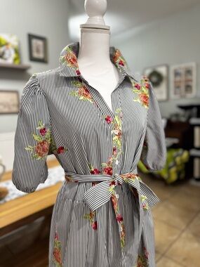 Striped Floral Belted Shirt Dress - Black & White with Pink Floral Embroidery